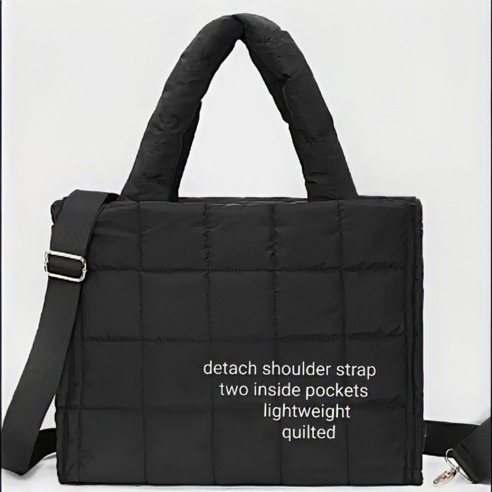 Black Quilted Tote Large Shoulder Bag with Detachable Strap - Picture 2 of 6